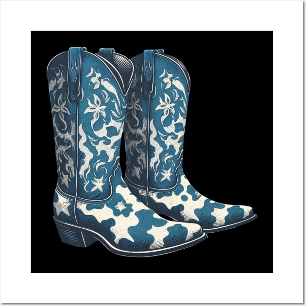 blue cow print cowboy boots Wall Art by PinScher